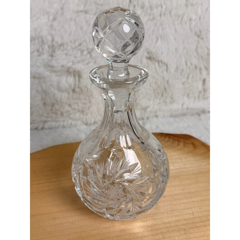 Vintage Crystal Glass Decanter Pinwheel Starburst Cut Round Carafe 7in